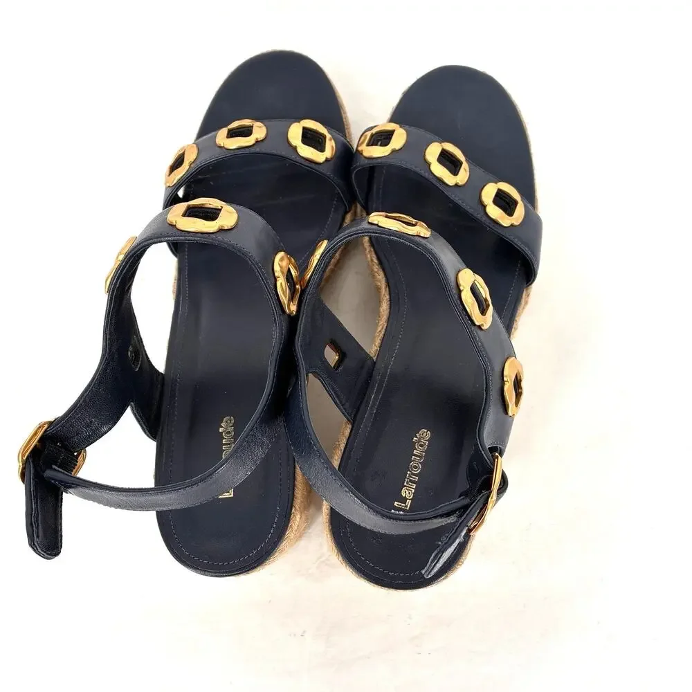 Larroudé Milan Espadrille Wedge Sandals Navy Blue Leather Women's 11